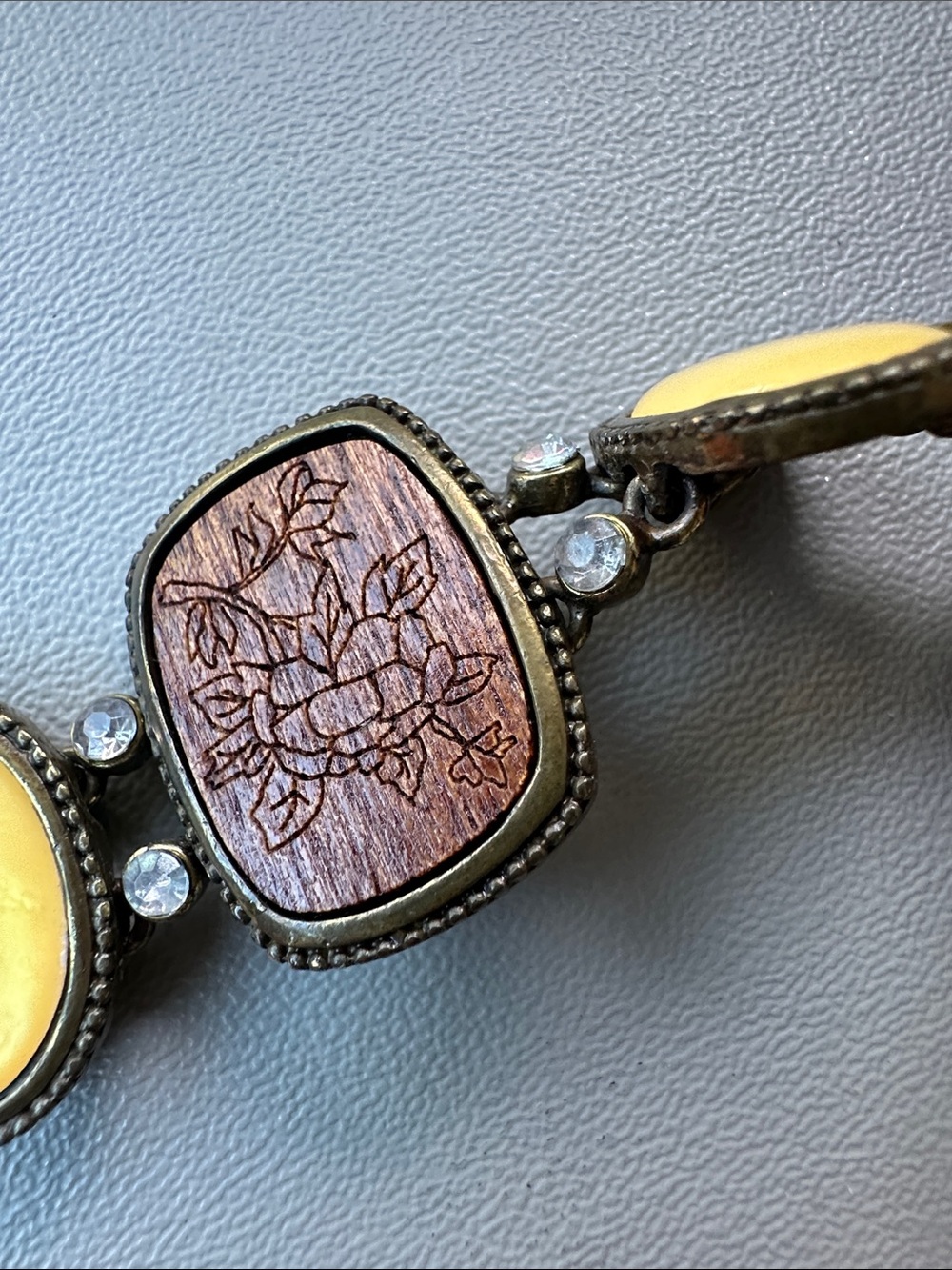 Vintage Brass Tone Panel Link Bracelet Wood Inlay and Yellow Bracelet